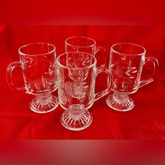 Princess House Heritage Etched Glass Irish Coffee Mug Set of 4 - Picture 6 of 7
